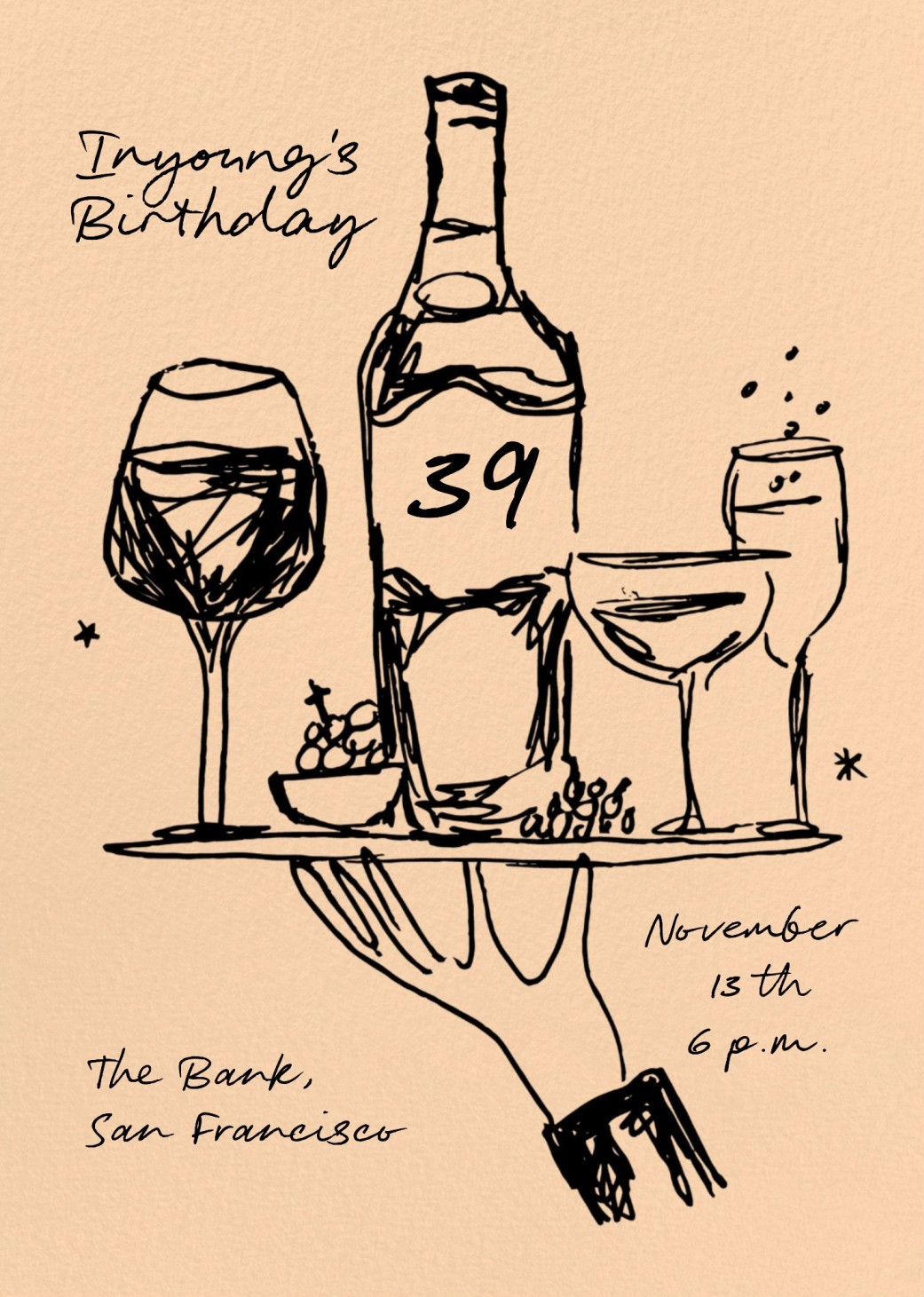 Illustrated invitation card for Inyoung's 39th birthday on November 13th at The Bank, San Francisco